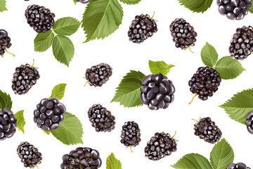 Seamless pattern of blackberries with leaves isolated on white background