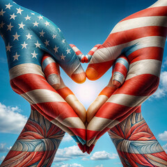 American flag red white blue star pattern on people hands in heart love shape isolated on white...