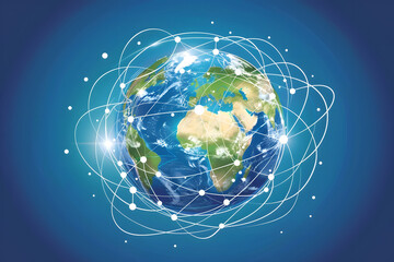 Digital globe with light lines and nodes representing global connections on blue background