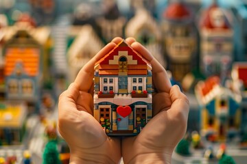 Naklejka premium Hands gently hold a tiny Lego brick house