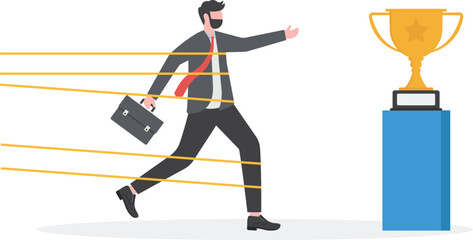 Obraz premium Be patient and try for success. Businessman tied up with tape and heading to grab trophy,