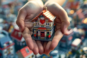 Two hands holding a miniature house made of Lego bricks