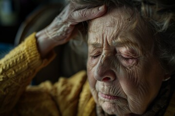A senior Caucasian woman at home holding her head with her hands, eyes closed in apparent discomfort - Powered by Adobe