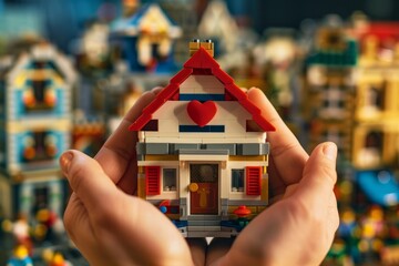 Naklejka premium Closeup shot of hands holding a miniature Lego house