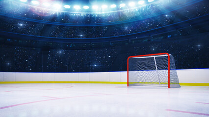 Fototapeta premium Ice hockey stadium from striker view with empty goal and cheering fans. Sports advertisement background as digital 3D illustration. 
