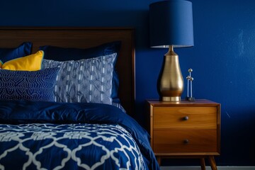 Close up view of a bedside area in a bedroom with navy blue walls and a gold lamp on a nightstand