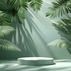 Fototapeta premium Minimal cosmetic light Fern background and premium podium display for product presentation branding and packaging presentation. studio stage with shadow of leaf background.