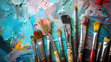 Artistic paintbrushes on artist canvas covered with oil paints A close up of a bunch of brushes with different colors with multi painted background 