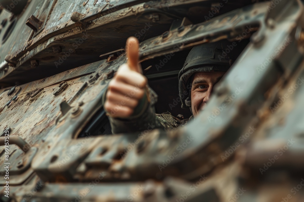 Wall mural a man in a military uniform is seen giving a thumbs up gesture, symbolizing approval or positivity