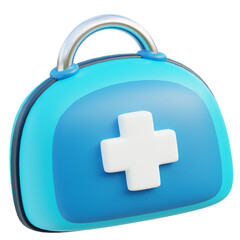 3D illustration of a first aid kit with a sleek blue finish and prominent white cross,
