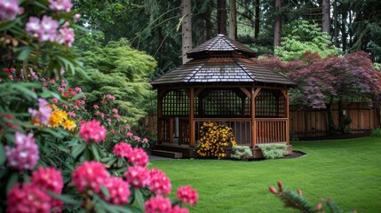 Fototapeta premium garden gazebo retreat, a tranquil backyard gazebo surrounded by trees and blossoms creates a serene escape to relax and enjoy the beauty of nature