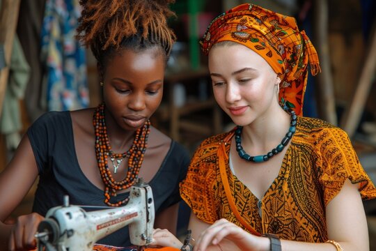 Two diverse women focused on sewing with a machine, engaging in cultural dressmaking