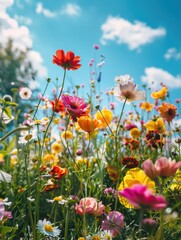 A field of flowers with a blue sky in the background