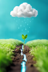 Young green plant growing under a raining cloud. Blue sky and green grass. Ecology water saving and environment concept. Spacy text.