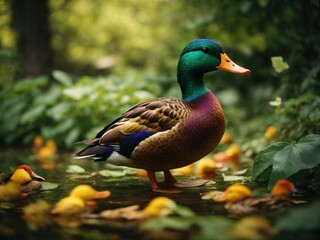 Obraz premium A colorful duck standing amongst green leaves