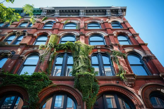A classic red brick building with numerous windows and ivy growing on one side