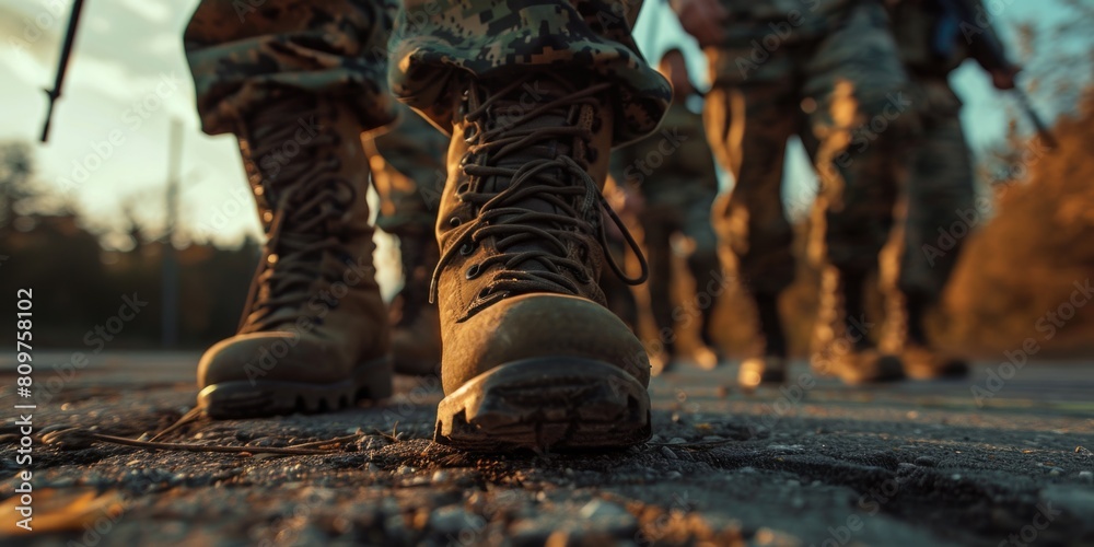 Wall mural A group of soldiers are walking on a road with their boots on