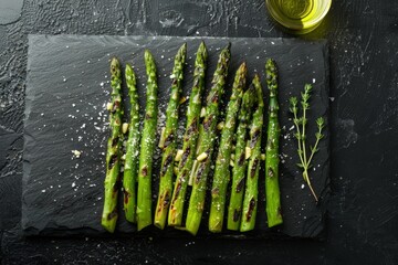 Overhead view of a bunch of asparagus neatly arranged on a dark slate board, ready to be served - Powered by Adobe