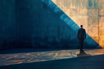 An evocative image of a man walking alone into a striking beam of sunlight casting shadow patterns on hard concrete surfaces