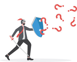 Business problem solving. Businessman with shield protects from question mark attack

