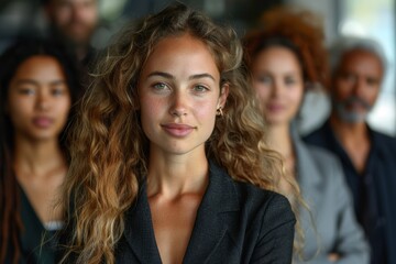 Obraz premium A professional young woman is in focus with blurred colleagues behind her