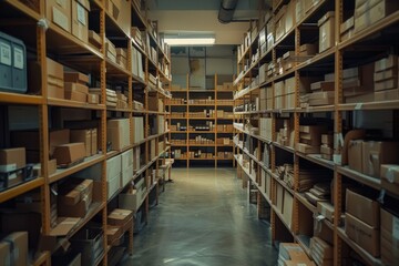 Obraz premium A large warehouse with many shelves of boxes