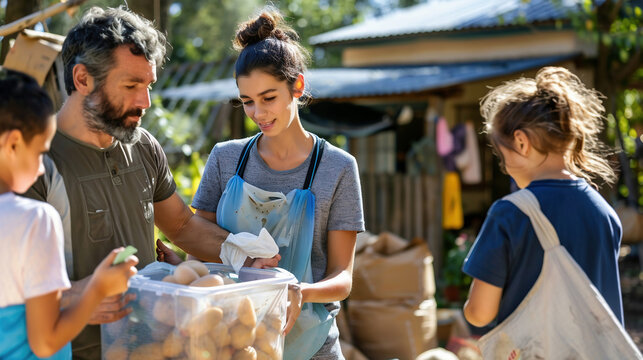 People on behalf of charities distribute food to people in poor countries