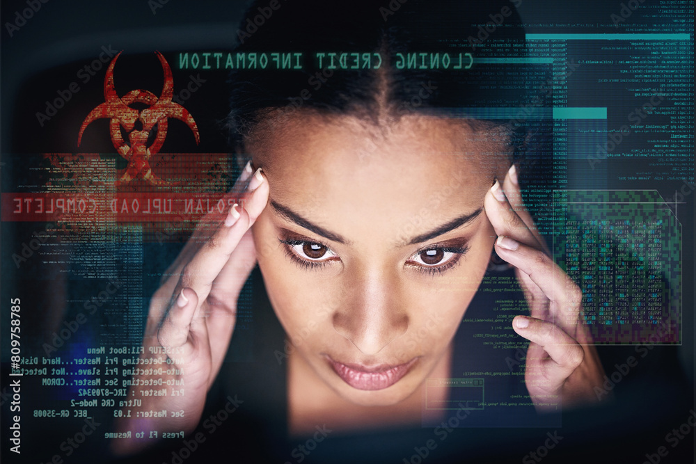 Poster woman, overlay and stress with cybersecurity on fraud or cloning for credit card, information and da