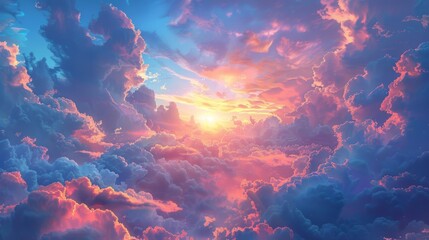 Obraz premium A sky-themed page with a blank space amidst fluffy clouds and a pastel sunset.