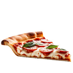 Slice of pizza with pepperoni and cheese on a clear background
