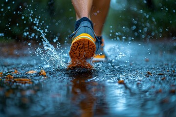 A close-up shot of a runner's foot wearing a bright orange shoe, splashing through a water puddle on a wet ground