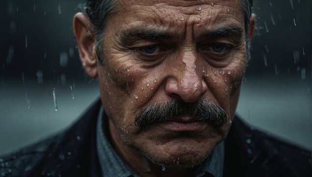 sad man with a mustache in mourning, grief, rain and tears