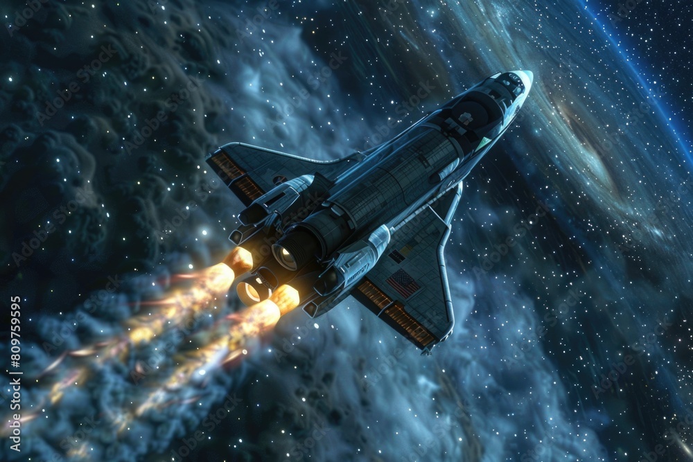 Wall mural a space shuttle is flying through the sky with a trail of fire behind it