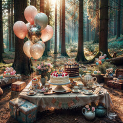 there is a cake and balloons on a table in the woods, birthday cake on the ground, forest picnic, celebrating a birthday, birthday cake, happy birthday, birthday party, alice in wonderland theme, in a