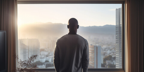 Man Taking In The Sunrise Over The Cityscape. Contemplative Person in Modern Apartment. Generative AI