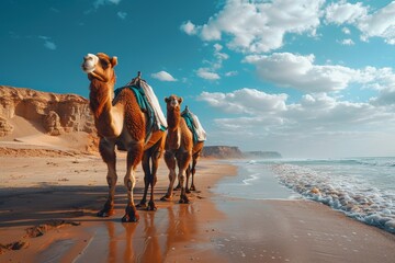 A serene beach scene with a group of camels walking along the shore with clear blue skies and rugged cliffs