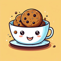 cute tea cup smiling, choco cookies in a plate,illustration isolated on abstract background 