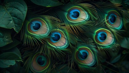 Obraz premium Peacock feathers with moisture droplets background, backing