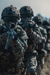A group of soldiers are lined up and ready to fire their weapons