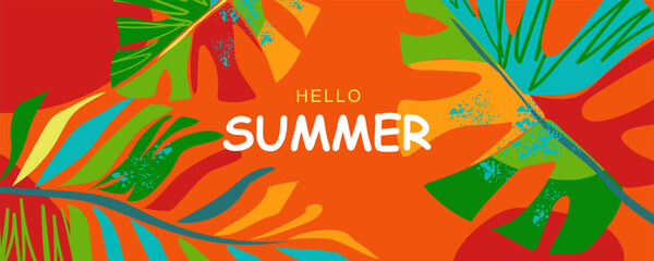 Vector banner with monstera and palm leaves. Summer horizontal background with bright abstract tropical leaves. Template for for sale, horizontal poster, header, cover, social media, fashion ads, othe