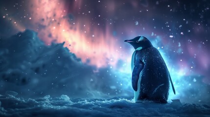 Penguins against the northern lights at the south, north pole