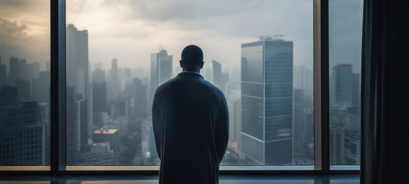 Man Contemplating Overcast City Through Window. Thoughtful Person at Modern Apartment. Generative AI