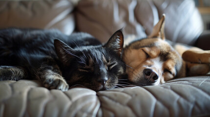 Dog and Cat Sleeping on Couch