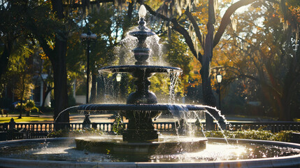 Fountain in a Park With Trees