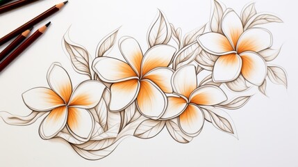 plumeria flowers in the style of drawing a continuous line, sketch