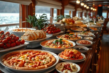Obraz premium An elegant buffet arrangement on a cruise ship, highlighting a diversity of exquisite food choices against a scenic background