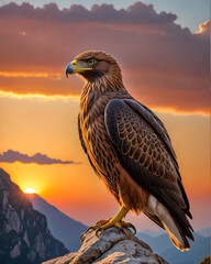 Fototapeta premium Golden Eagle (Aquila chrysaetos) perched on a rock at sunset