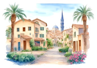 Fototapeta premium Cyprus Country Landscape Watercolor Illustration Art