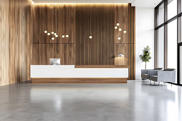 Modern office lobby with a reception desk, stylish furniture, and wood-paneled walls, showcasing a...