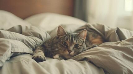 Cute cat on bed at home